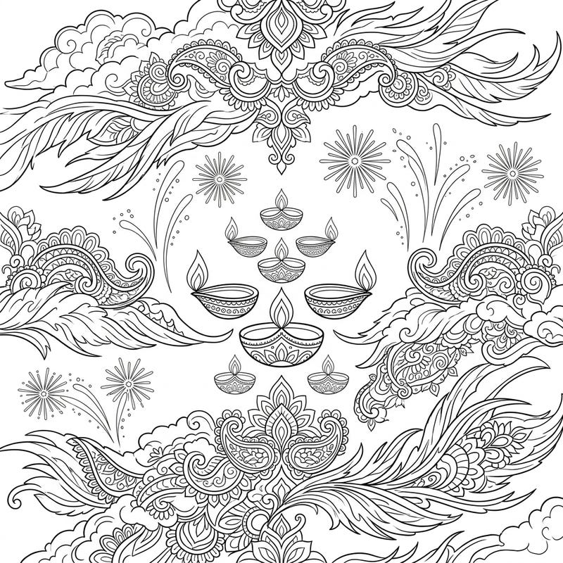 Experience the magic of Diwali with this unique cirrus clouds coloring page, blending celestial beauty with festive traditions. This intricate design invites you to adorn floating diyas, vibrant rangoli, and sparkling fireworks within a cloudscape.