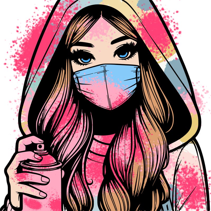 girl wearing a mask with long hair with her hood up spray-painting realistic