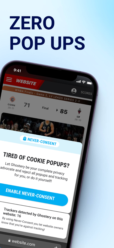 Aplicación Ghostery en iPhone que muestra el pop-up de cookies y la función de bloqueo de rastreadores.