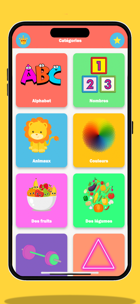 Pantalla de categorías coloridas en la aplicación Francés para niños que muestra temas de vocabulario como animales, frutas y números.
