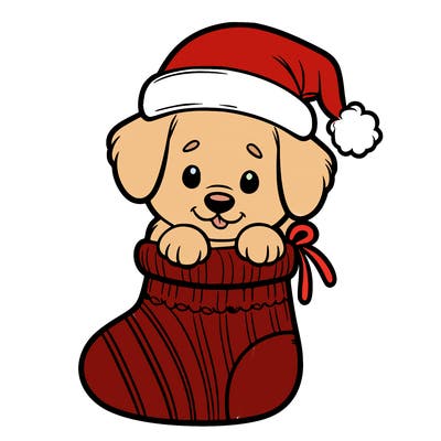 cute puppy wearing santa hat in socking