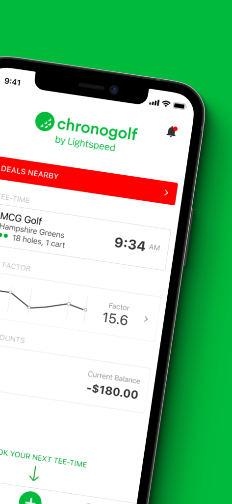 Chronogolf by Lightspeed - Chronogolf by Lightspeed app interface showing golf tee time booking and player stats