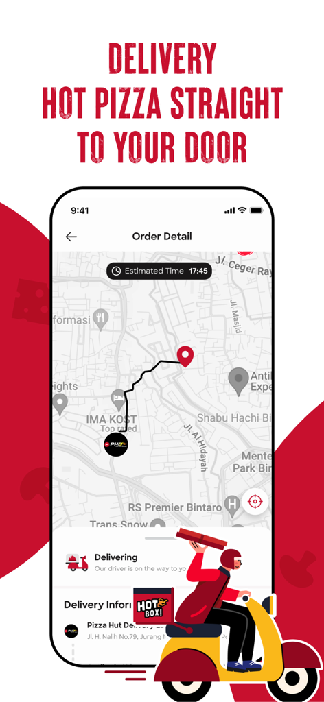 Application Pizza Hut Indonesia montrant le suivi de livraison en temps réel sur une carte avec un livreur sur un scooter