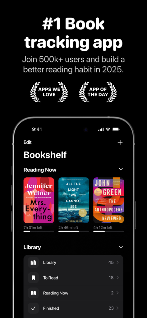 A screenshot of the Bookshelf app in dark mode showing the reading library with book covers and progress trackers