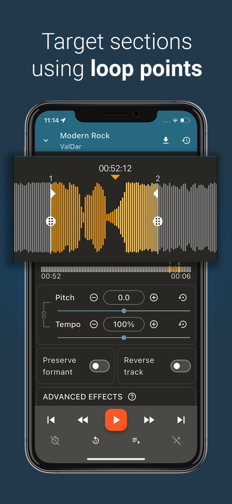 Up Tempo: Pitch, Speed Changer - Up Tempoアプリのインターフェース。音楽練習用のループポイント付き波形表示を表示