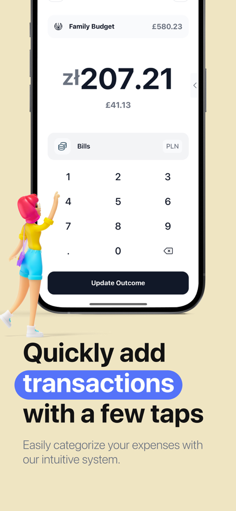 Money Flow: Easy Budget App - Interface do aplicativo de orçamento Money Flow mostrando um teclado numérico para adicionar rapidamente transações para um orçamento familiar