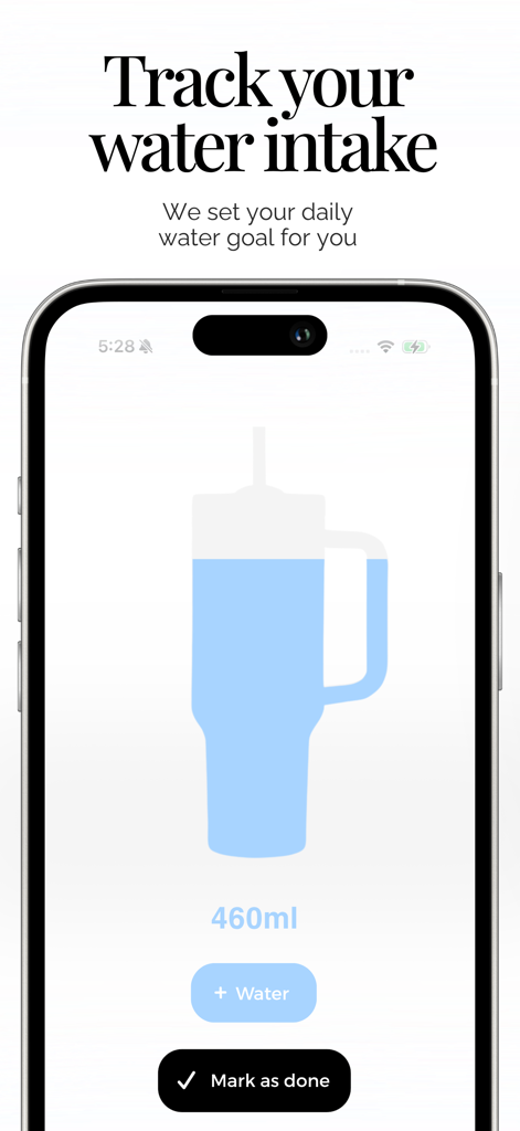 Her 75 - Her 75アプリのスクリーンで、青いタンブラーのグラフィックとともに毎日の水分摂取量トラッキングが表示されています。