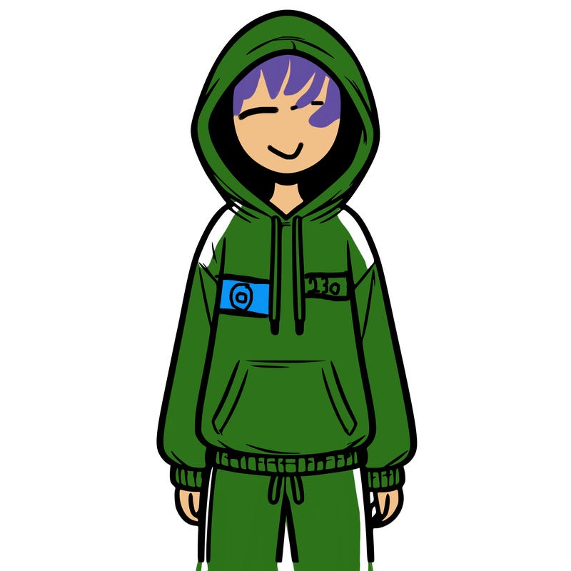 faceless girl in a tracksuit with a hood on and no hair