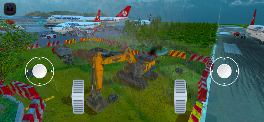 Excavator Simulator REMAKE - A yellow excavator operating in a rainy airport environment with Turkish Airlines planes and mobile game controls