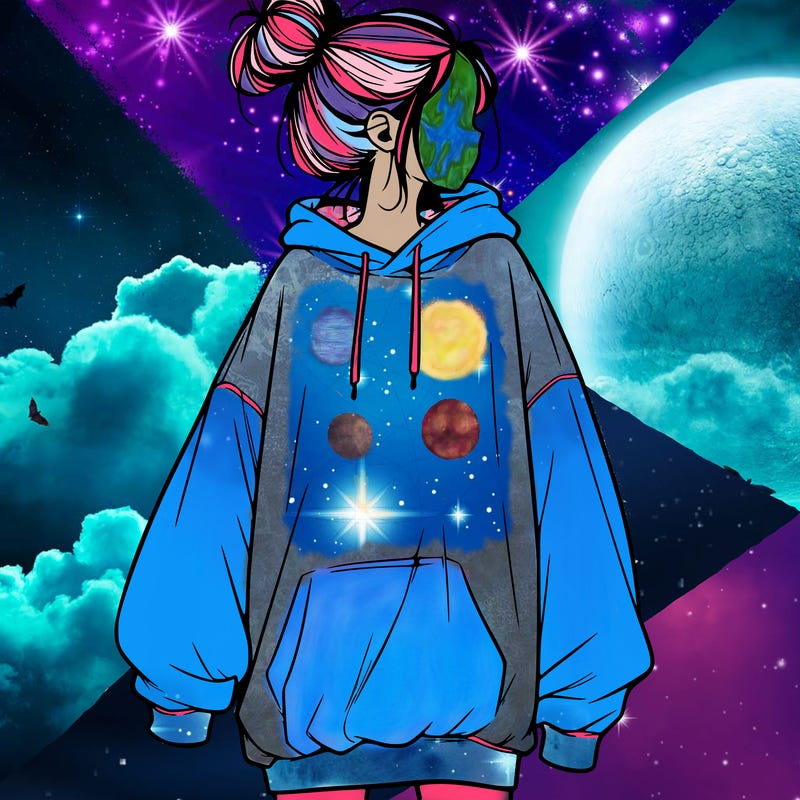 realistic girl with a oversized sweatshirt on and a bun