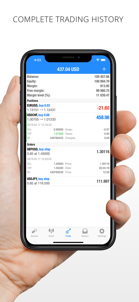 MetaTrader 4 - MetaTrader 4 mobile app showing open trading positions and account balance on a smartphone