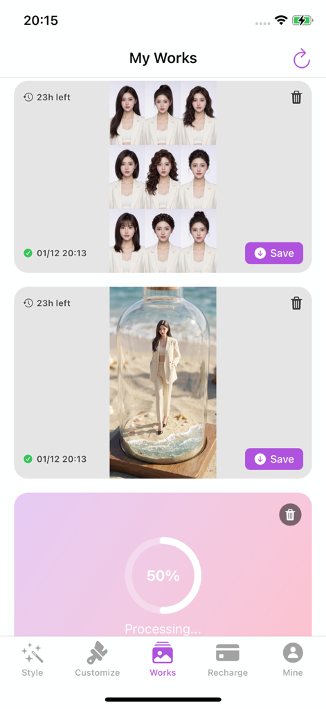 AI.Genie - AI Genie 앱 인터페이스로 생성된 패션 초상화와 진행 중인 이미지가 있는 '내 작업' 갤러리를 보여줍니다.
