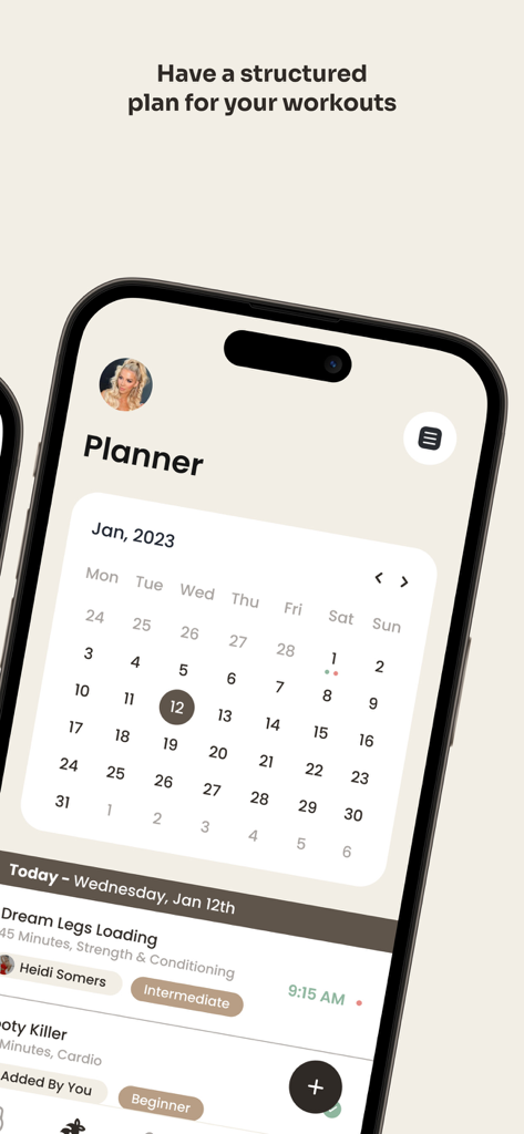 Grounds: Fitness App For Women - Grounds fitness app workout planner interface showing a monthly calendar and scheduled training sessions for women