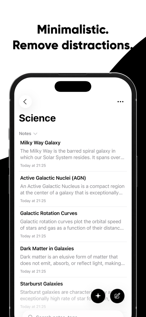 Brain Dump: Notes & Writing - Minimalist interface of Brain Dump app showing a list of organized science notes on an iPhone.