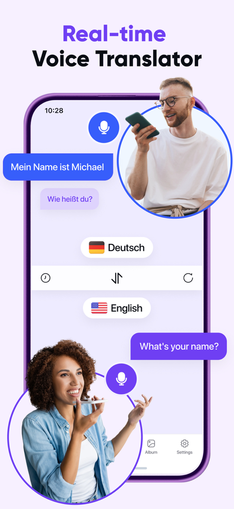 AI Translator: Voice & Photos - Interface showing real-time voice translation between English and German speakers on an iPhone
