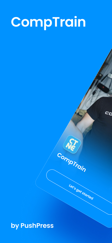 CompTrain New England app welcome screen featuring a get started button and gym background