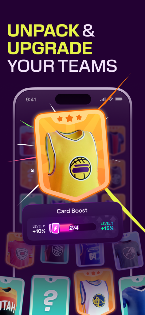 Omada - Make Sport Social - Pantalla de la app Omada mostrando una tarjeta de camiseta de baloncesto siendo mejorada al nivel tres