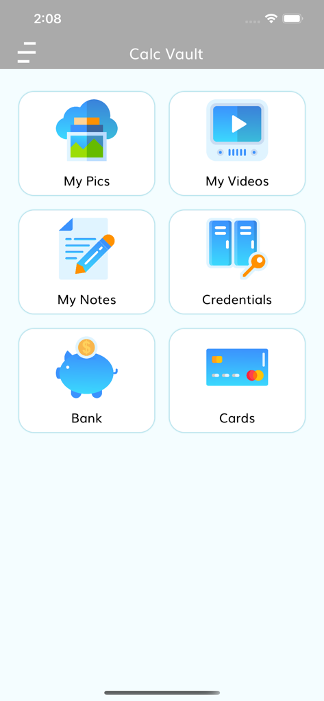 Calculator Vaultアプリのメインダッシュボード。プライベート写真、動画、ノート、クレジットカード情報などのカテゴリが表示されています。