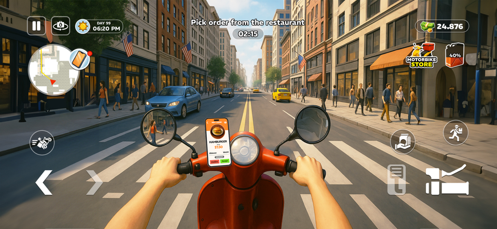 Deliver Till Dawn - Vista en primera persona de un repartidor de comida en scooter en una calle de la ciudad en Deliver Till Dawn