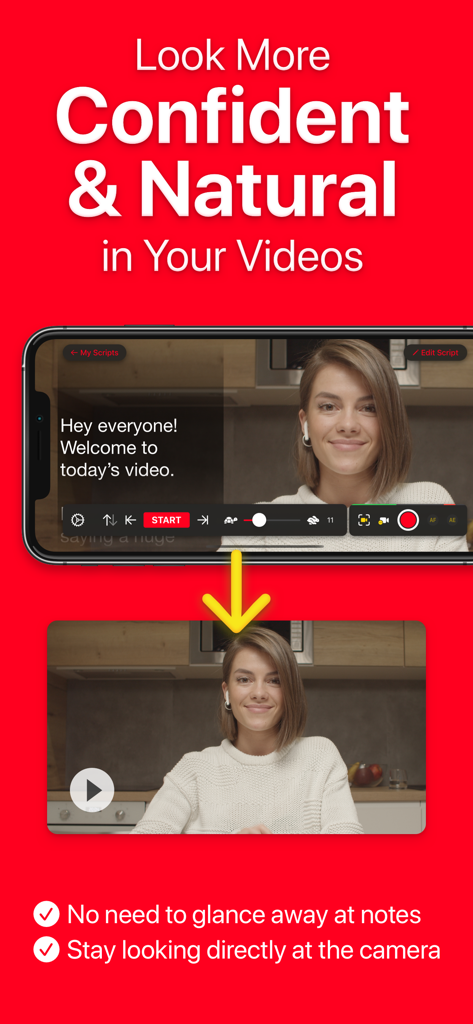 A woman using the Video Teleprompter app to maintain eye contact with the camera while reading her script