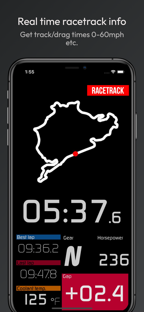 Real-time race track data dashboard on Hondata Complete app showing lap times horsepower and engine stats