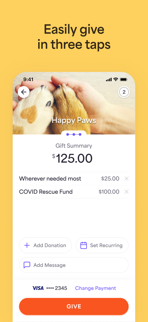 Pantalla de la aplicación Givelify que muestra un resumen de un regalo para una donación benéfica