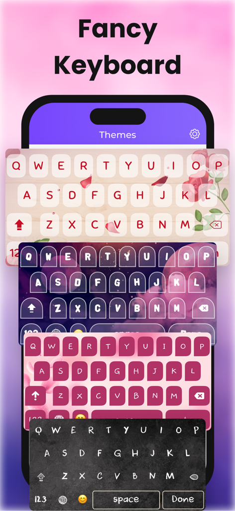 Text Fonts, Emojis & Symbols - 花柄や銀河のデザインを含む、複数の美的カスタムキーボードテーマのコレクション。
