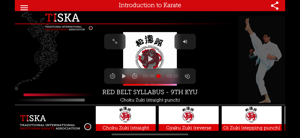 Beginner to Black Belt - Shotokan Karate app interface showing the 9th Kyu red belt syllabus and video training lessons