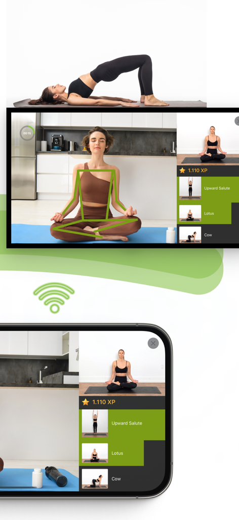 MirrorFit－Somatic Yoga Workout - Eine Frau praktiziert somatisches Yoga mit KI-Posen-Erkennung und Bildschirmspiegelung auf einem Fernseher und Smartphone