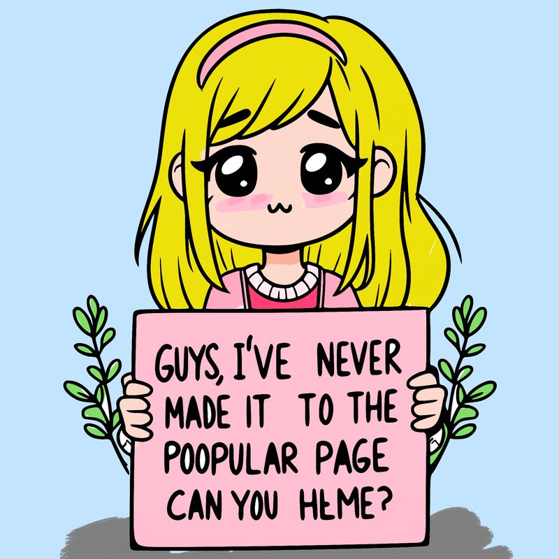 a girl holding up a sign that says, guys, i’ve never made it to the popular page, can you help me?
