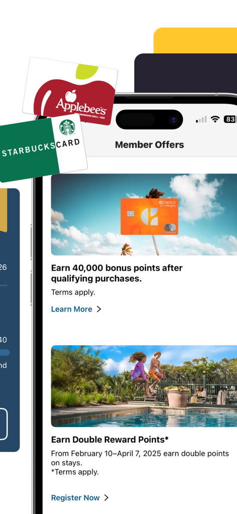보너스 포인트 및 상품권에 대한 회원 혜택을 보여주는 초이스 호텔 모바일 앱 화면