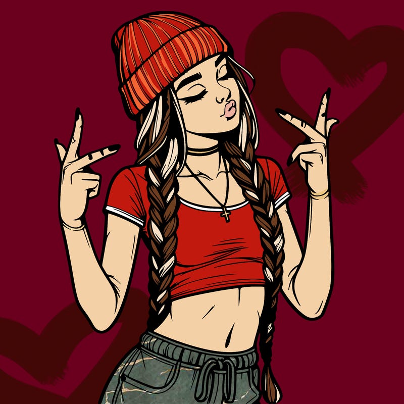 realistic teenage girl with braids and a beanie and crop top doing 🫶🏼