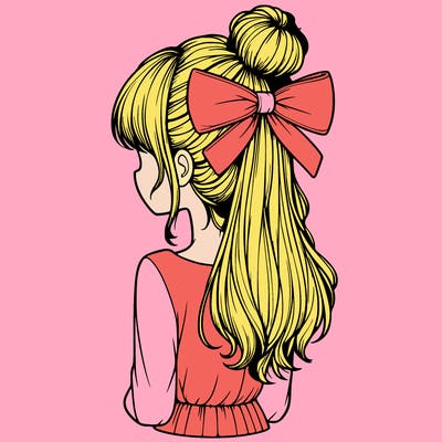 realistic girl  with hip length hair a bun and a big bow on the back of head