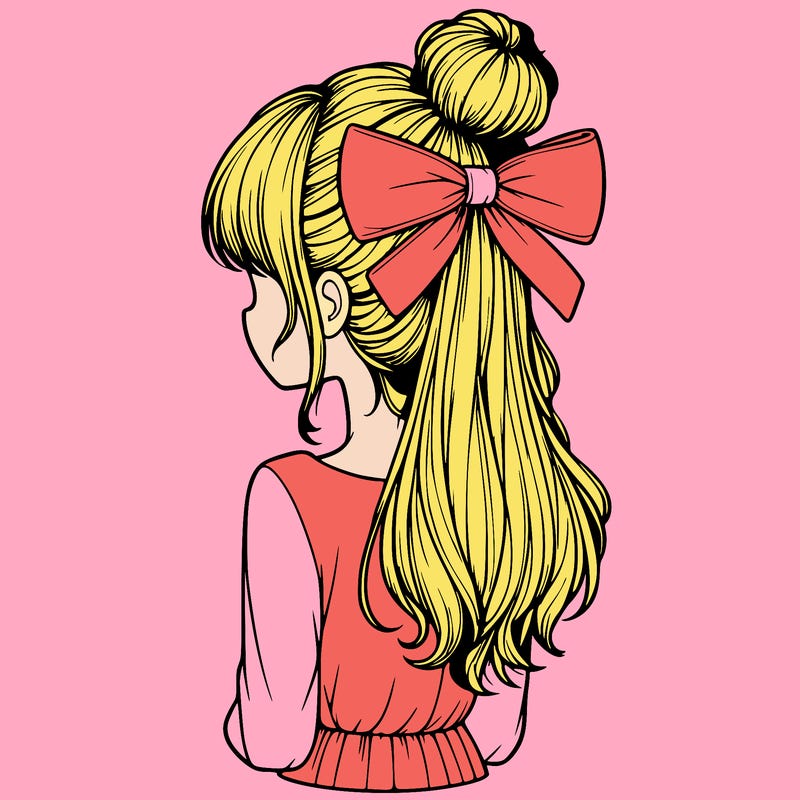 realistic girl  with hip length hair a bun and a big bow on the back of head
