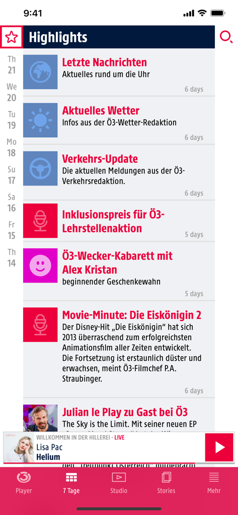 Hitradio Ö3 - Hitradio Ö3 app highlights screen showing daily news weather traffic and radio segments