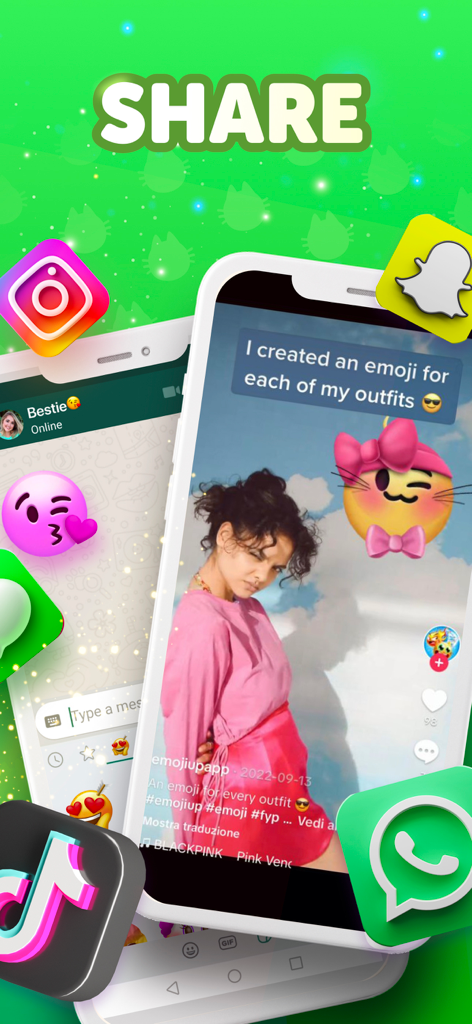Emoji Maker: Emoji Up - Interface showing custom emojis shared on social media platforms like TikTok and Instagram