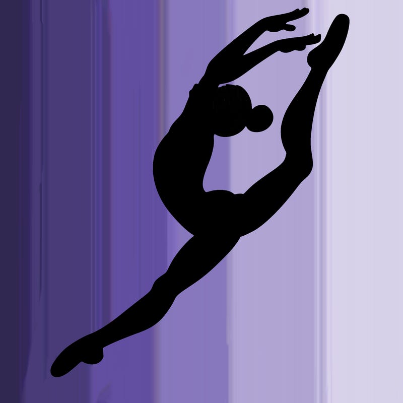 gymnast doing a leap in a leotard with a bent back leg