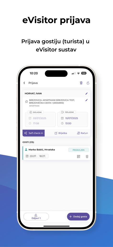 eCheckin - Interface mobile de l'application eCheckin montrant l'enregistrement des invités pour le système eVisitor croate