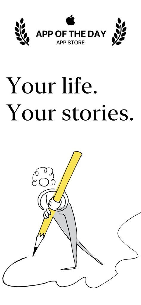 Private Journal: Punkt - Punkt app screenshot featuring the App of the Day award with the slogan Your life Your stories and a minimalist drawing of a person writing with a large pencil.