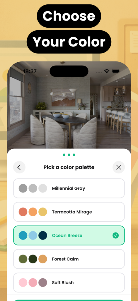 Homeora: AI Room Design - Selecting a color palette for interior room design in the Homeora app