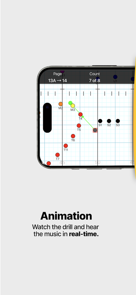 UDBapp Pro - UDBapp Pro smartphone interface showing a real-time marching band drill animation on a football field grid with performer coordinates.