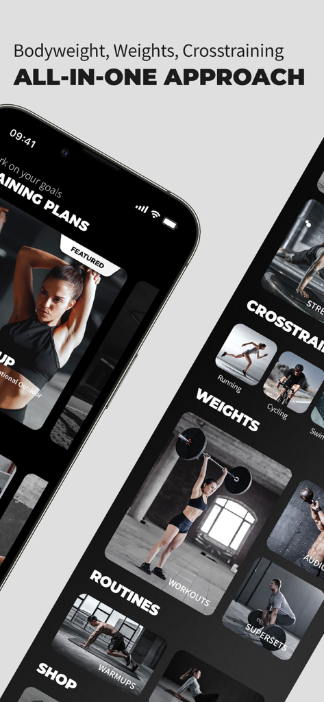 Interfaccia dell'app di fitness Goliaz che visualizza una varietà di piani di allenamento tra cui corpo libero, pesi e cross-training.