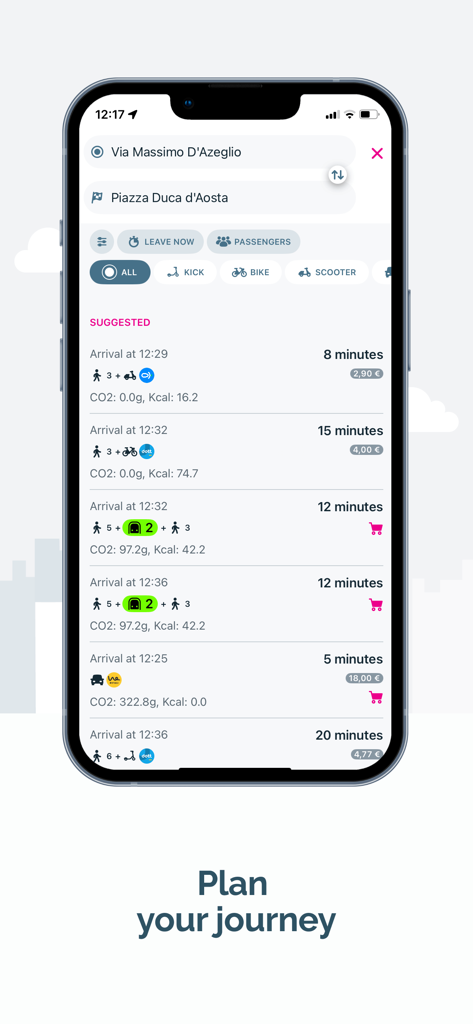 URBI - your mobility solution - Tela do aplicativo URBI mostrando várias opções de rotas de transporte urbano com horários de chegada e preços