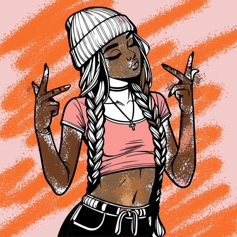 realistic teenage girl with braids and a beanie and crop top doing 🫶🏼