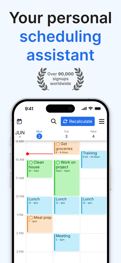 FlowSavvy AI schedule planner app interface showing time blocked tasks on a calendar