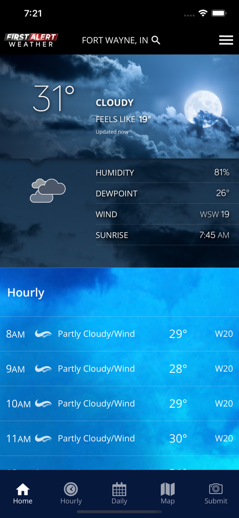 21Alive First Alert Weather - 21Alive First Alert Weather app showing current weather and hourly forecast for Fort Wayne Indiana