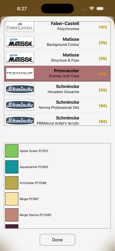 CopyIt The Grid Drawing Method - Interfaz de la función TubeMatch que muestra marcas de material artístico como Prismacolor y Schmincke con muestras de color correspondientes