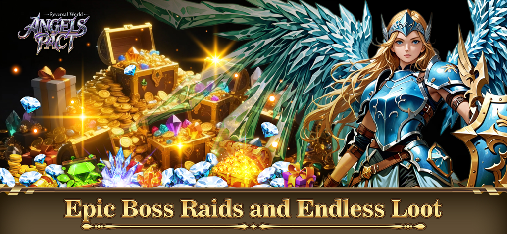 Angels Pact: Reversal World - Warrior angel with crystalline wings standing next to treasure chests and overflowing gold loot