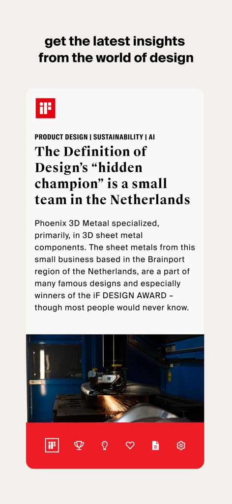 A screenshot of the iF Daily Design app displaying a magazine article about product design and innovation insights.