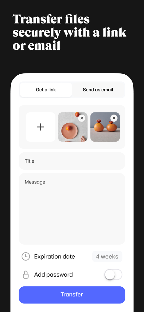 Interface of the WeTransfer mobile app for sending files securely with options for link or email